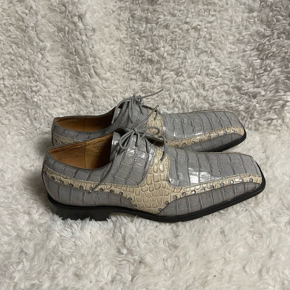 Moretti leather light gray and beige patent shoes square toe gently used SZ13